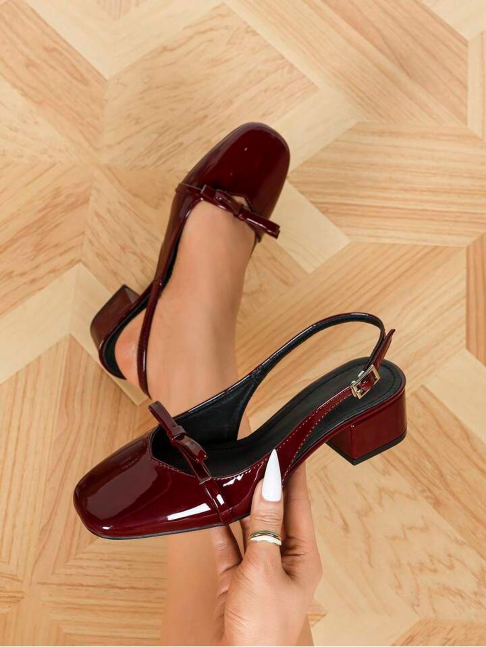 Patent Leather Slingback Block Heel in Burgundy
